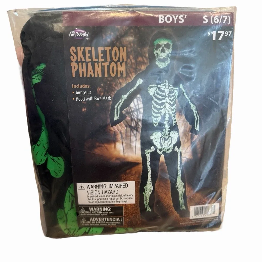 Halloween Skeleton Costume for Kids Bone Outfit Size Small 6/7 Black Phantom NWT